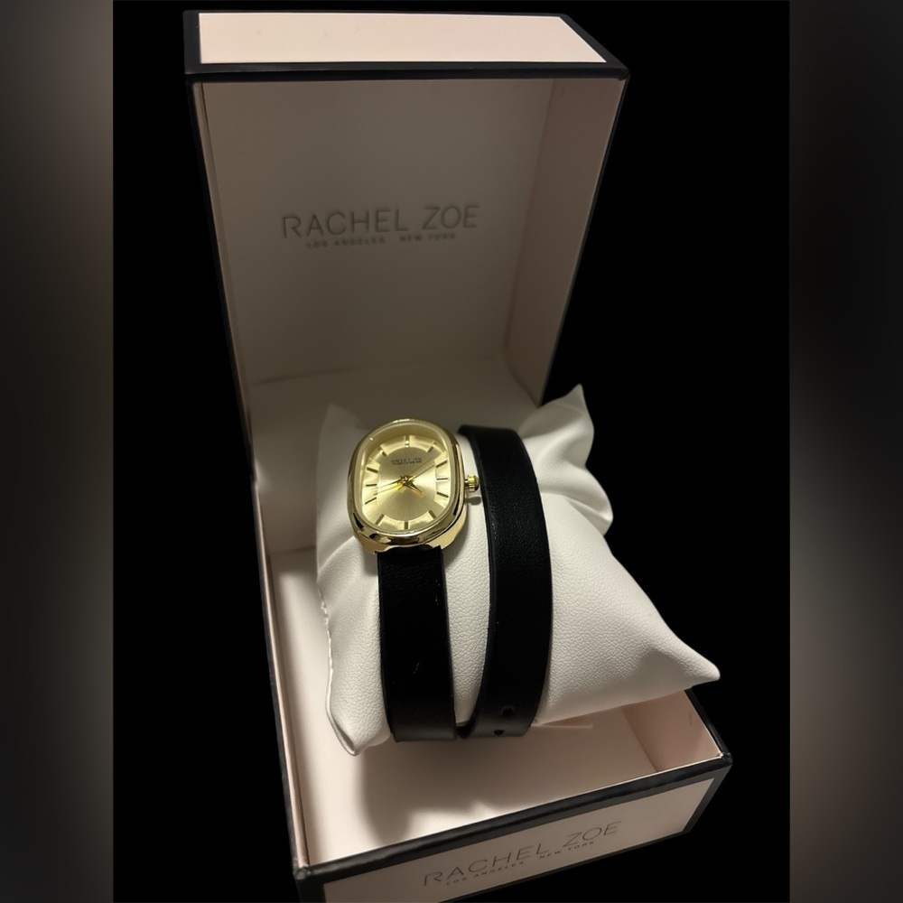 Rachel Zoe Black Gold Leather Watch Double Strap New